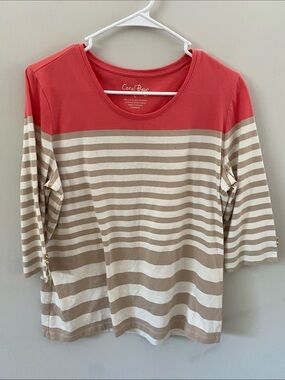Coral Bay Coral Yoke with Tan and White Striped Long Sleeve Top